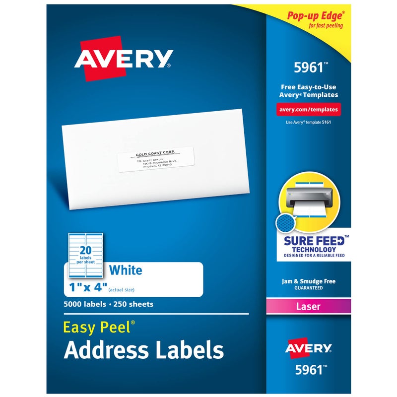 Avery Mailing Address Labels, Laser Printers, 5,000 Labels, 1 x 4, Permanent Adhesive, 2 Packs (5961) - Image 1